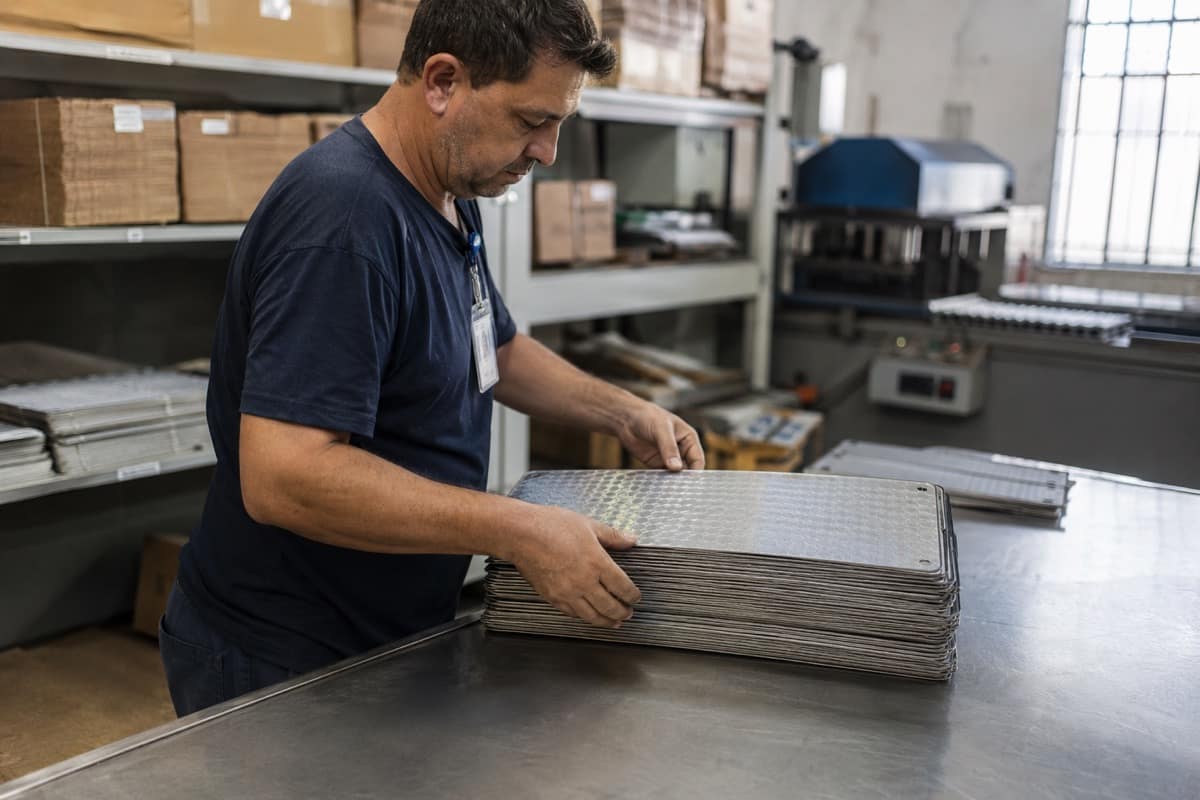 Funcionário de estampadora organiza chapas semiacabadas de placas veiculares sobre bancada antes da gravação