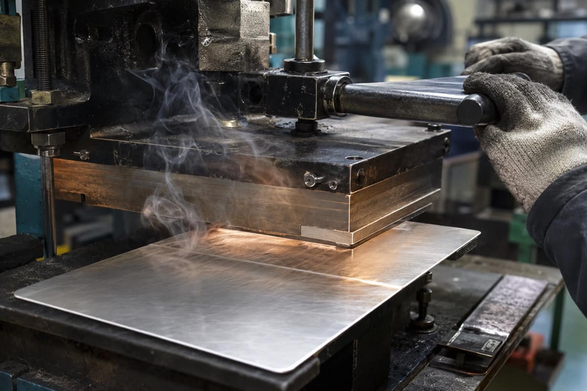 Matriz aquecida de máquina de hotstamping pressiona filme metálico sobre chapa de alumínio da placa