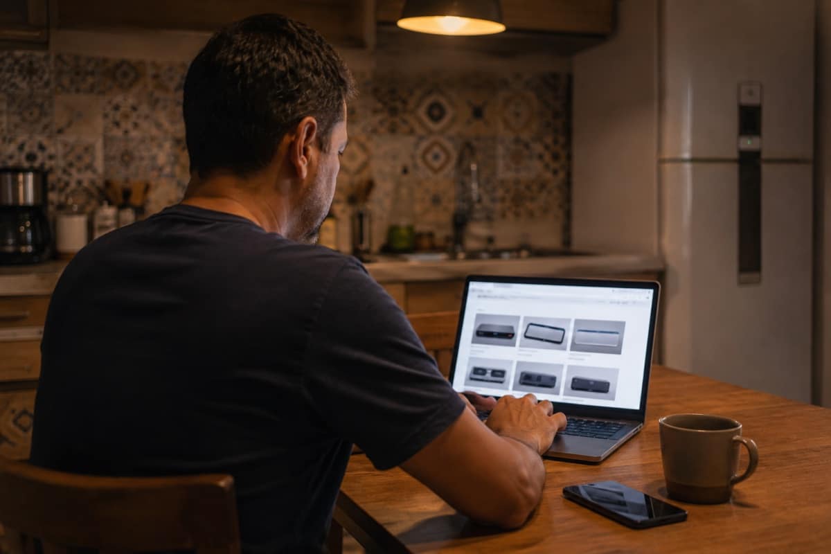 Homem em casa consultando anúncios de placas de carro no notebook, com expressão de dúvida