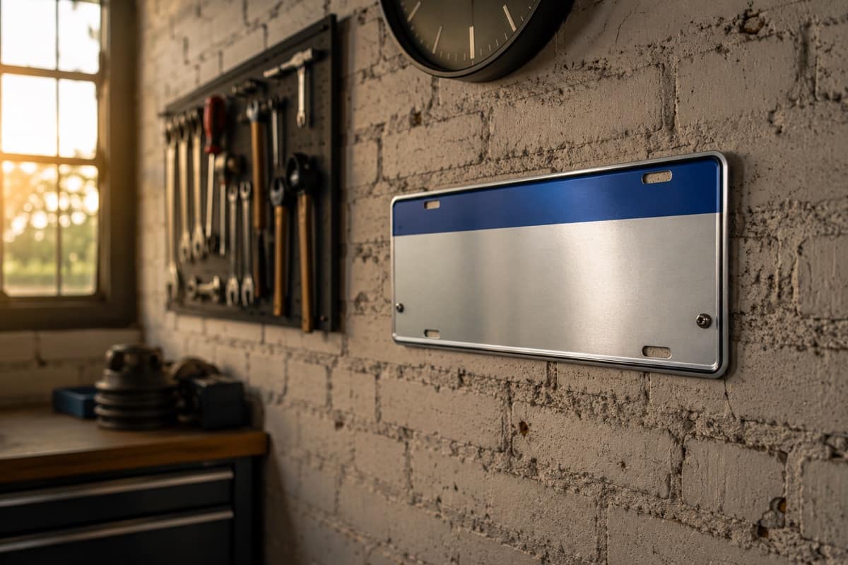 Placa ornamental de alumínio no estilo Mercosul fixada em parede de garagem, para uso decorativo