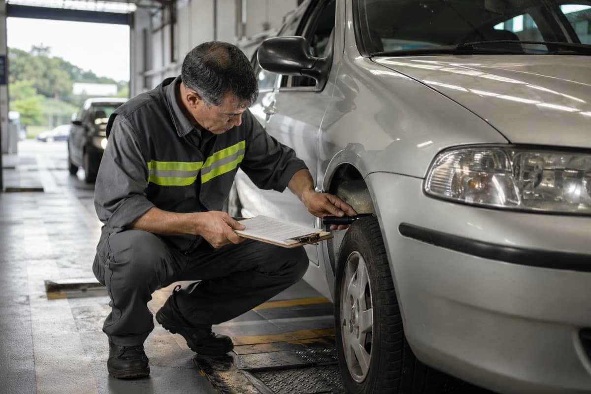 Inspetor examina o chassi de um carro usado durante a vistoria obrigatória da transferência de propriedade