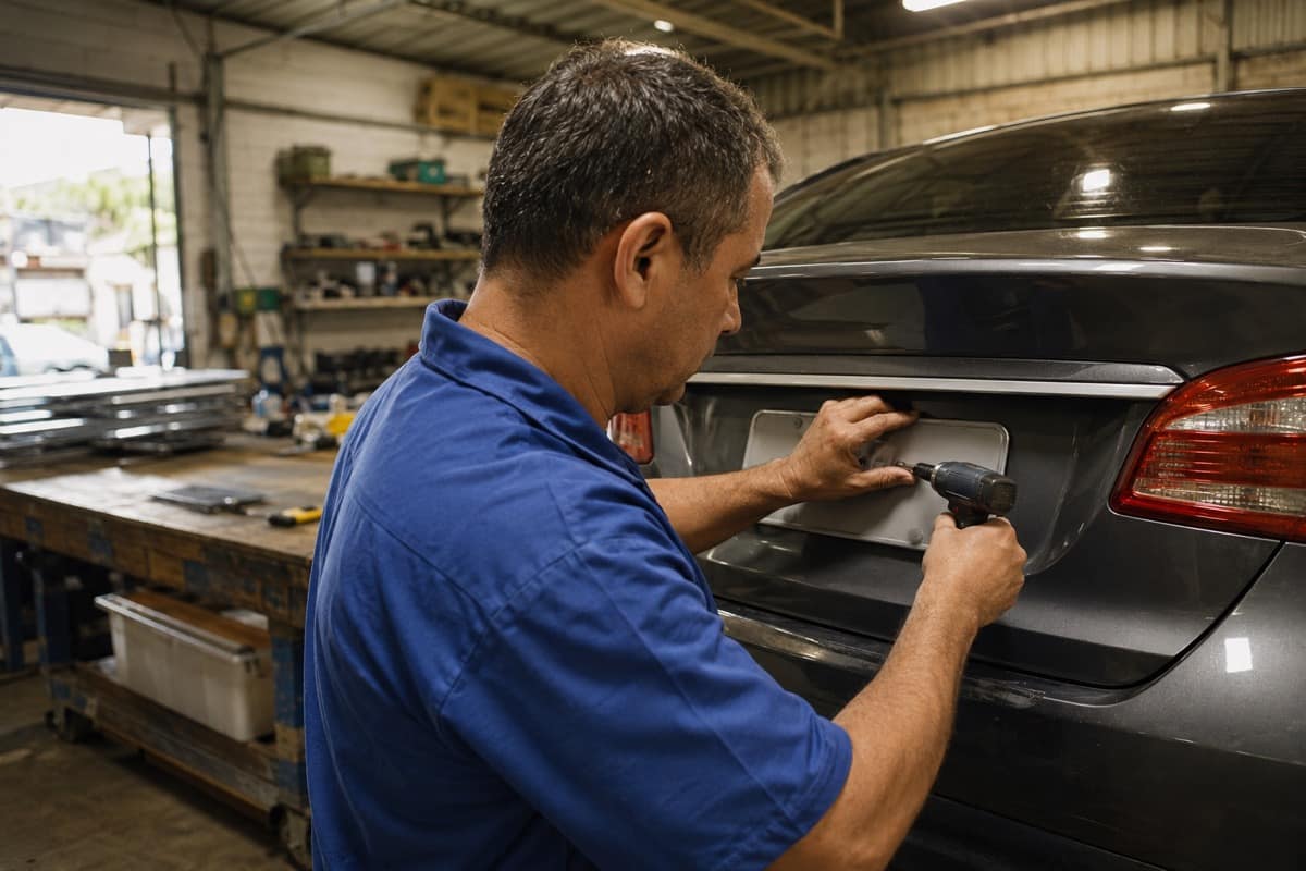 Técnico instalando placa nova na traseira de um carro em oficina de estampagem
