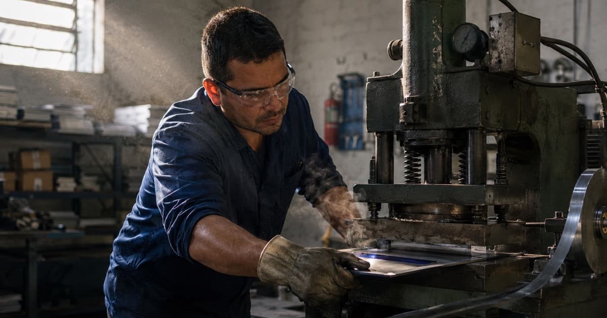 Técnico opera prensa de hotstamping para gravar os caracteres de uma placa veicular em oficina credenciada