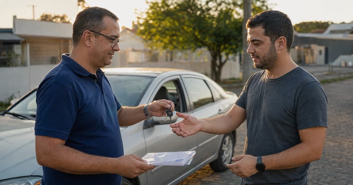 Vendedor entrega as chaves e os documentos de um carro usado para o comprador na rua