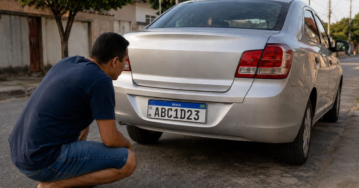 Homem agachado atrás do próprio carro conferindo de perto a placa traseira no padrão Mercosul