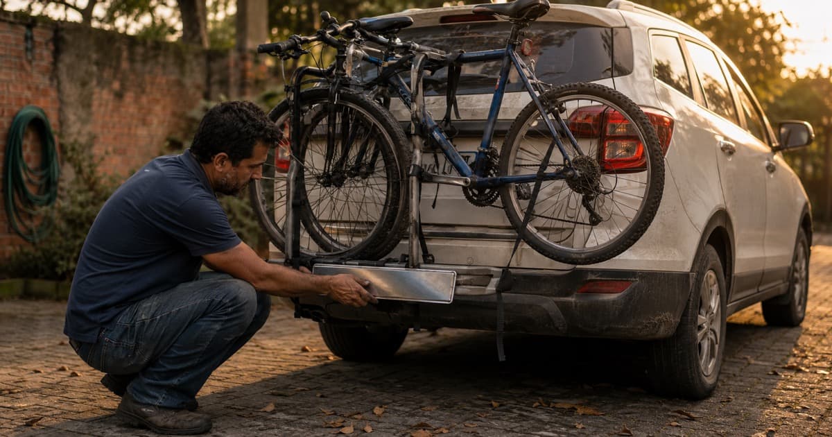 Fiscal de trânsito verificando bicicleta que cobre a placa traseira de um carro estacionado