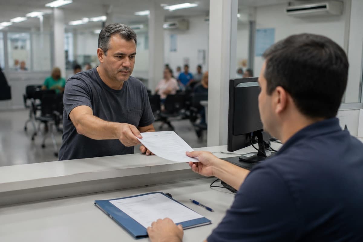 Atendente de agência de trânsito entrega documento impresso a um cliente no balcão