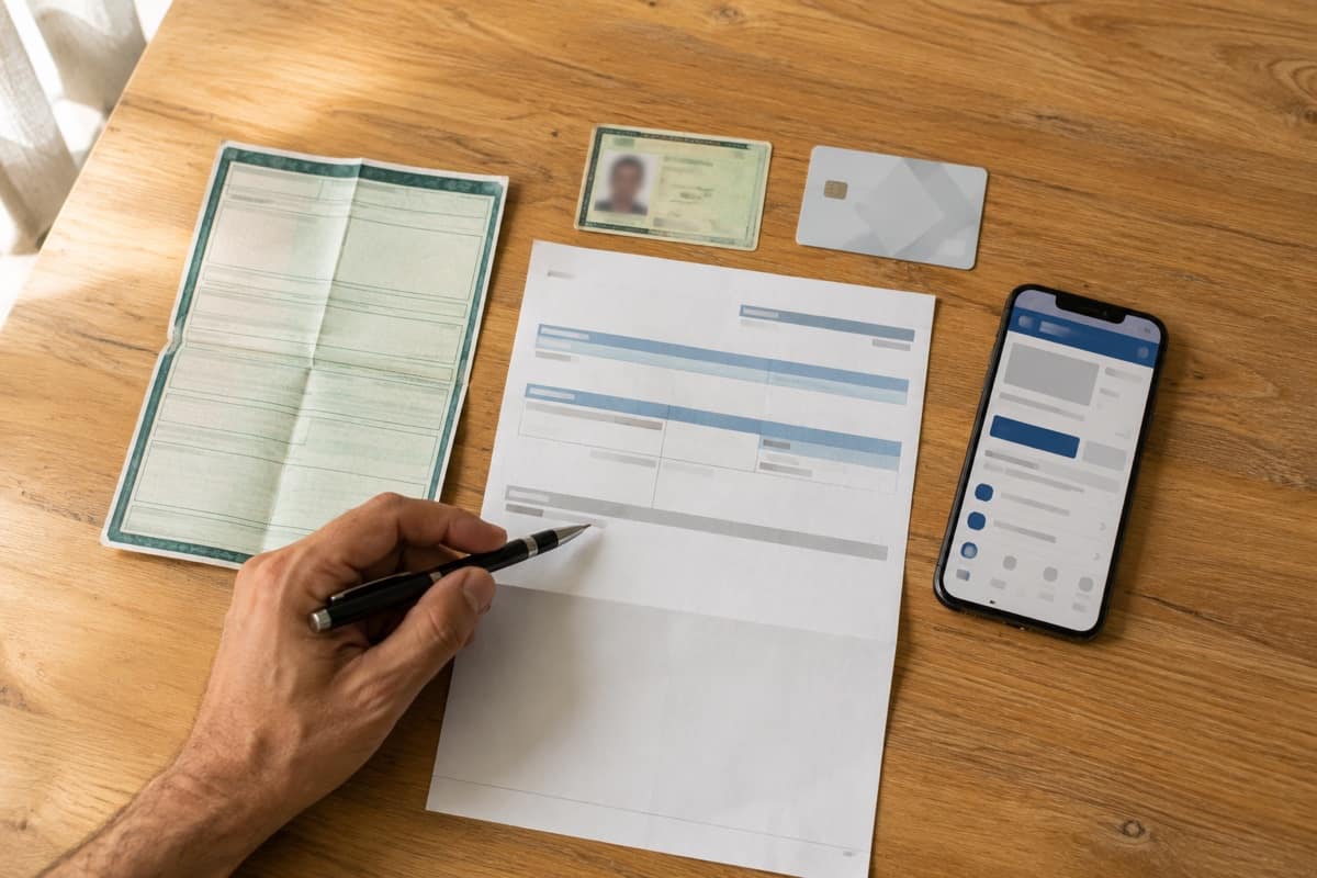 Documentos de identificação e do veículo organizados sobre uma mesa antes da vistoria