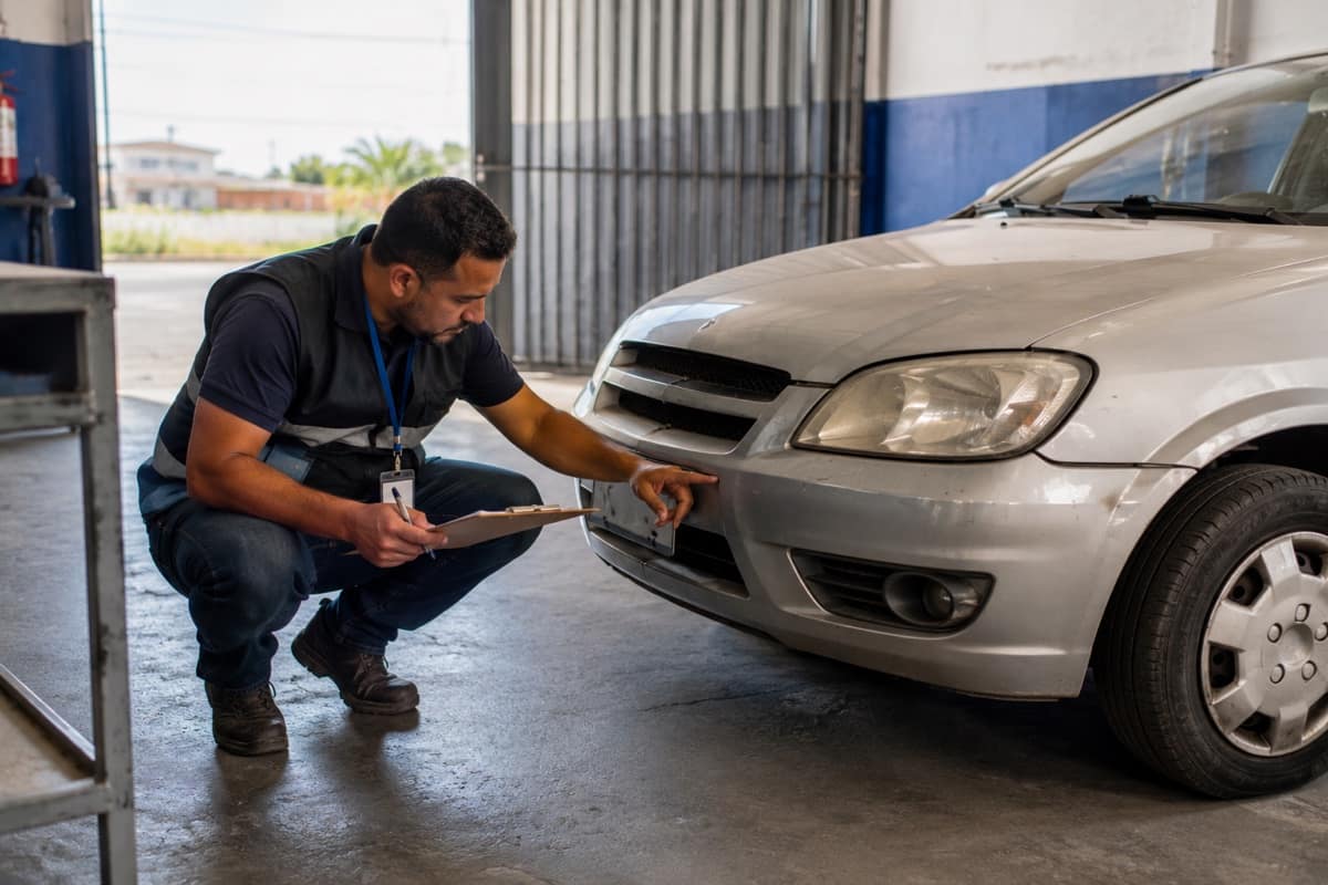 Vistoriador agachado ao lado de um carro conferindo dados dentro de um box de vistoria