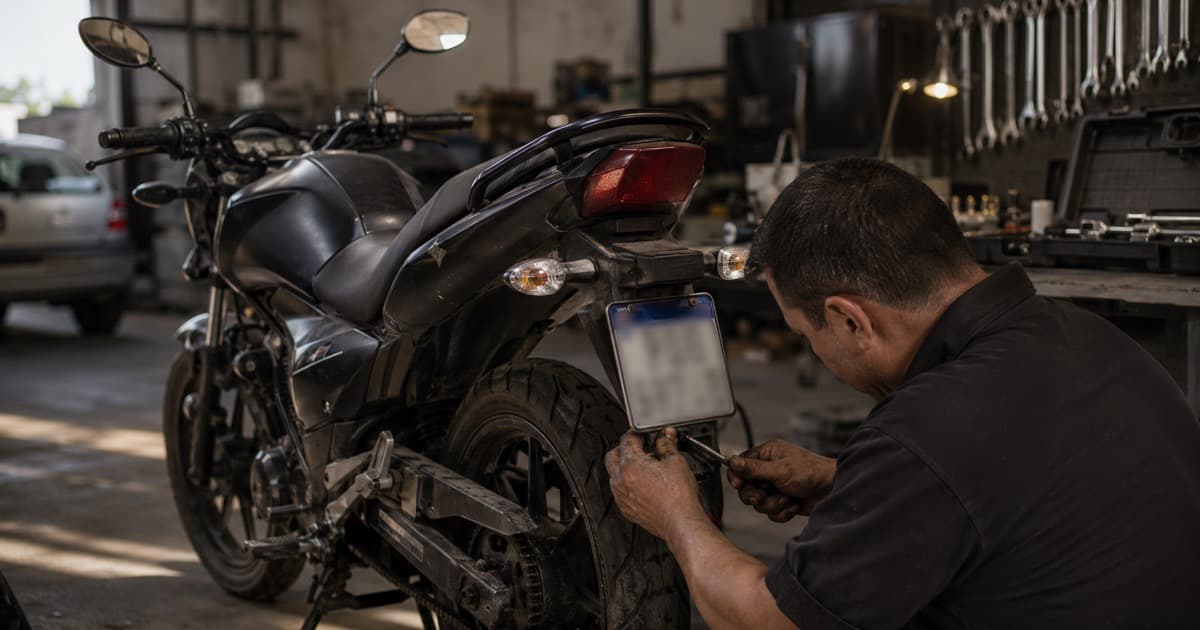 Técnico instalando placa Mercosul de moto no suporte traseiro dentro de oficina de emplacamento em Joinville