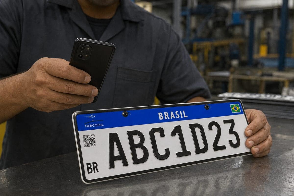 Profissional de estampadora conferindo o QR Code de uma placa recém-produzida com o celular