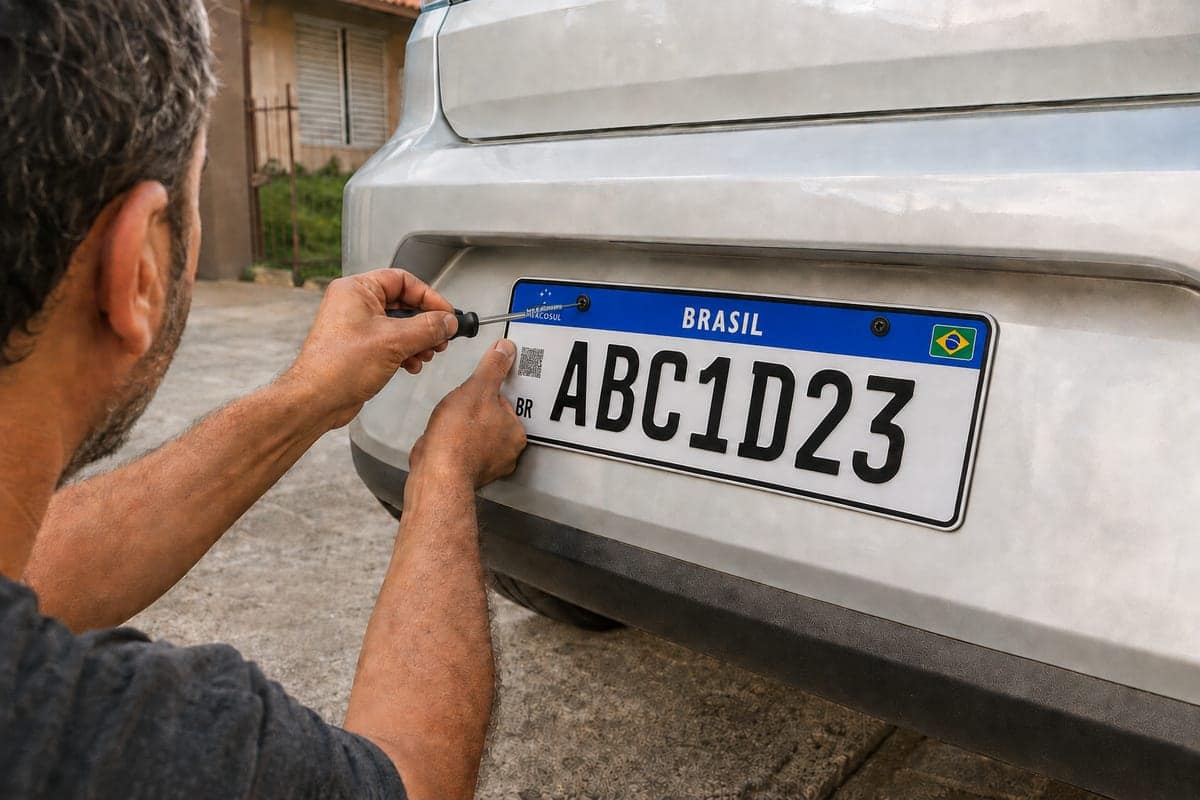 Motorista parafusando a placa nova no para-choque traseiro do carro