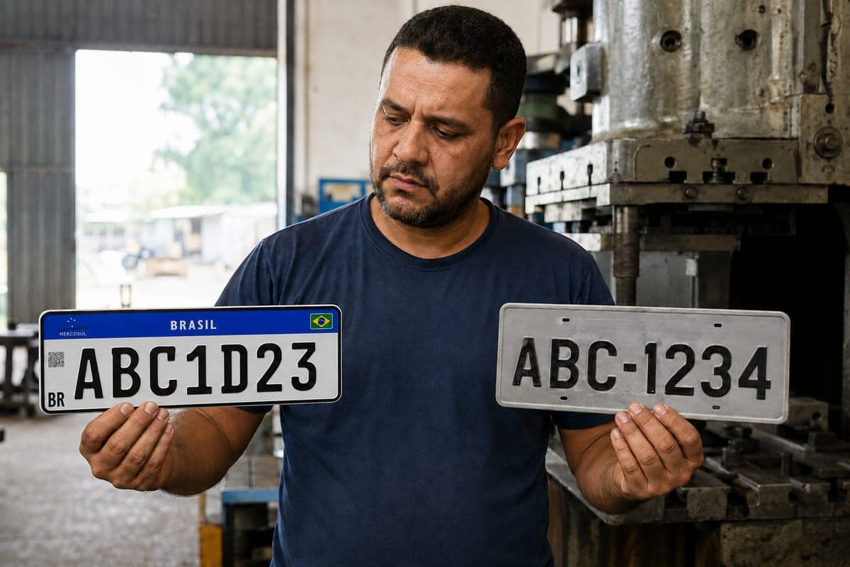 Operador de estampadora comparando a placa cinza antiga e a placa branca do padrão atual, uma em cada mão