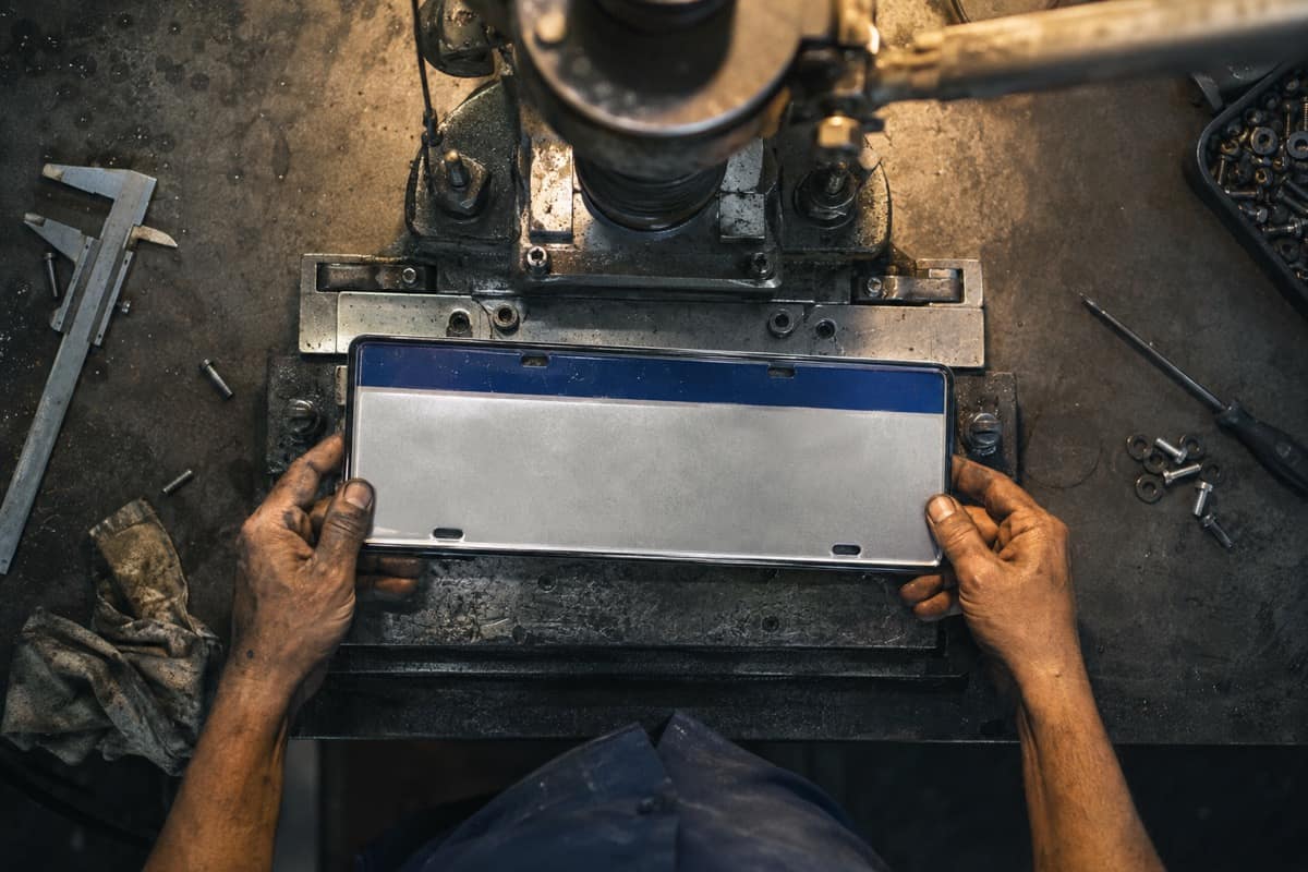 Técnico estampando placa de identificação veicular em oficina credenciada
