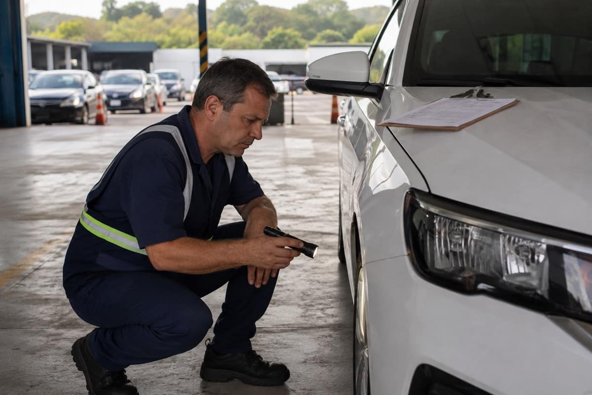 Vistoriador conferindo o número do chassi de um carro dentro de um box de inspeção veicular