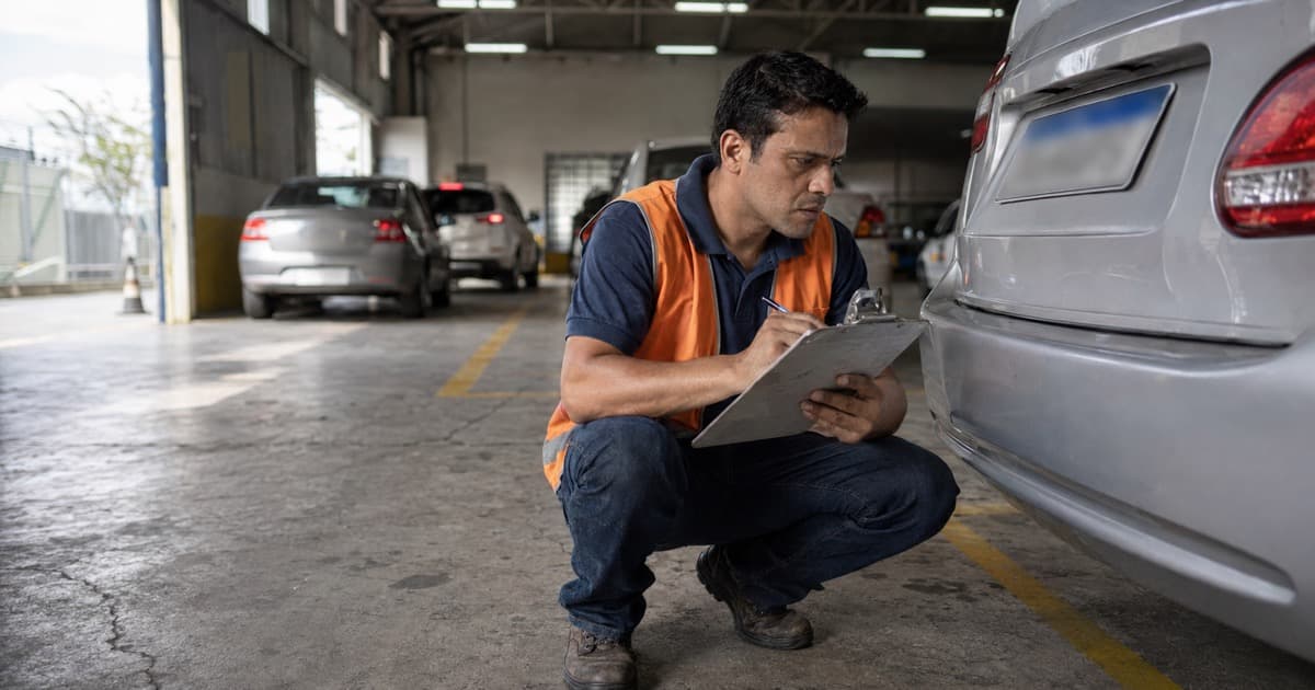 Vistoriador examina a lataria e o chassi de um carro numa empresa credenciada de vistoria