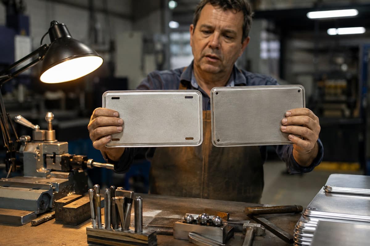 Técnico compara duas placas veiculares diferentes em bancada de oficina de estampagem