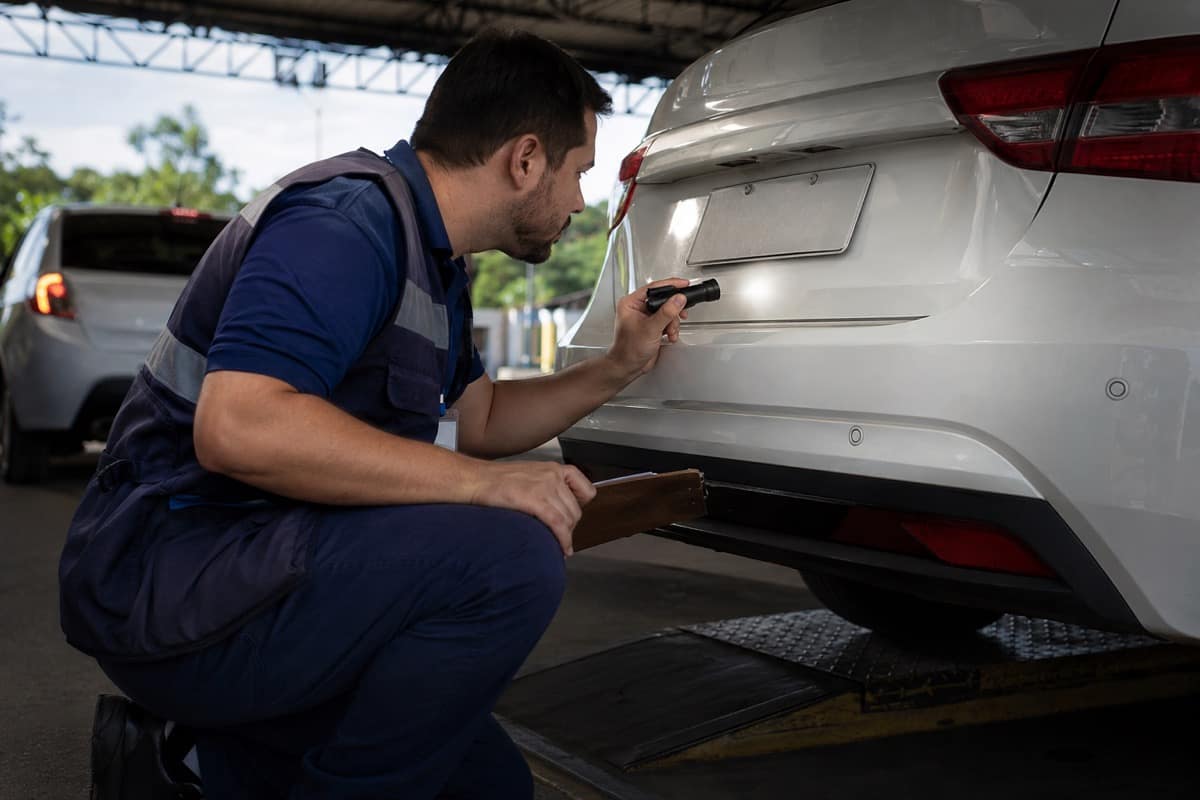 Inspetor examina a traseira de um carro durante vistoria veicular necessária para conversão de placa