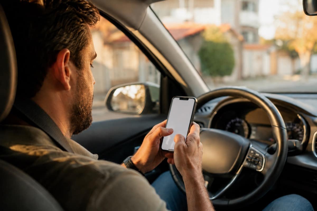 Motorista digita mensagem no celular dentro do carro antes de se deslocar até a estampadora
