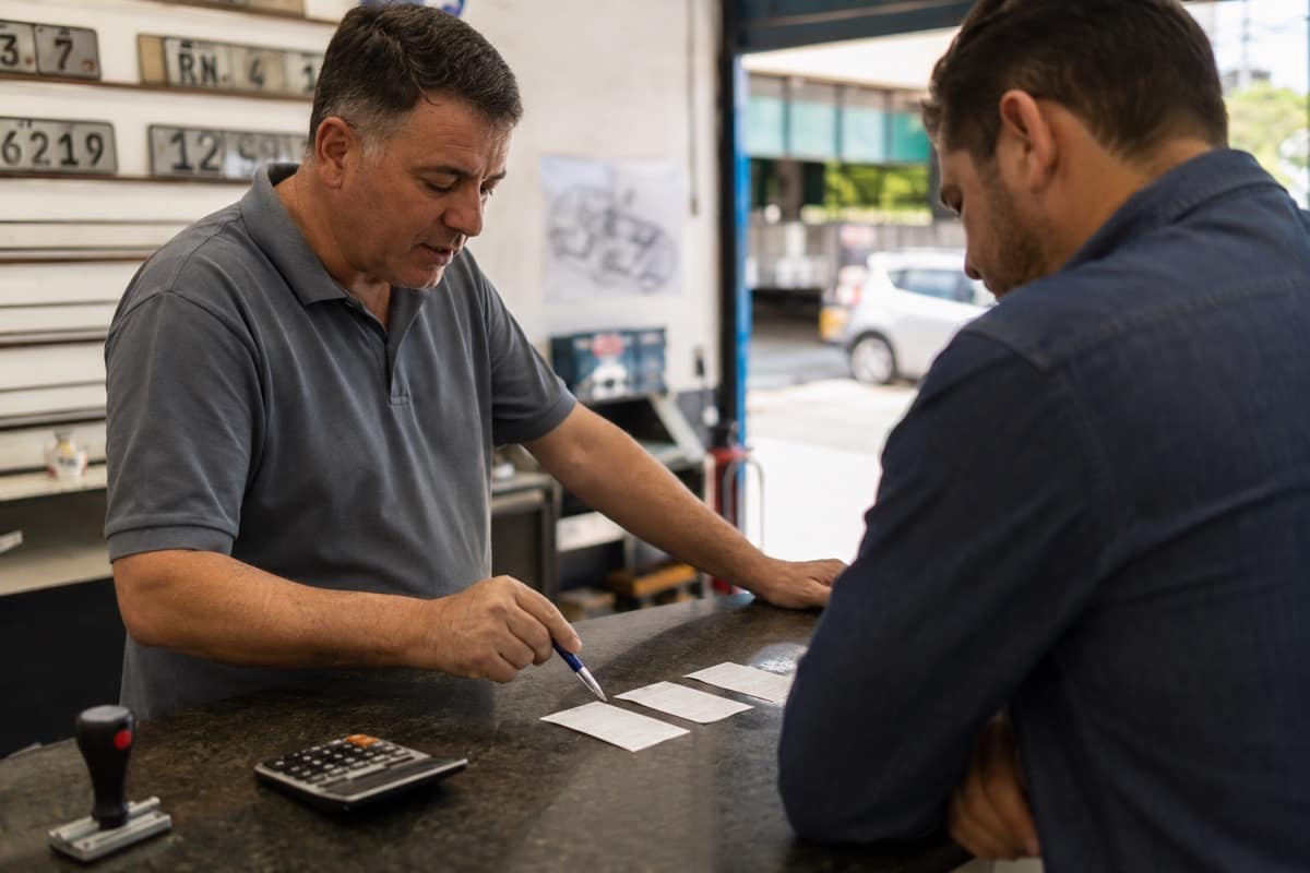Atendente explica para cliente os valores separados de taxas em balcão de estampadora de placas em Joinville