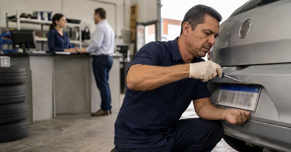 Cliente recebe explicação sobre os valores de emplacamento no balcão de uma estampadora de placas em Joinville