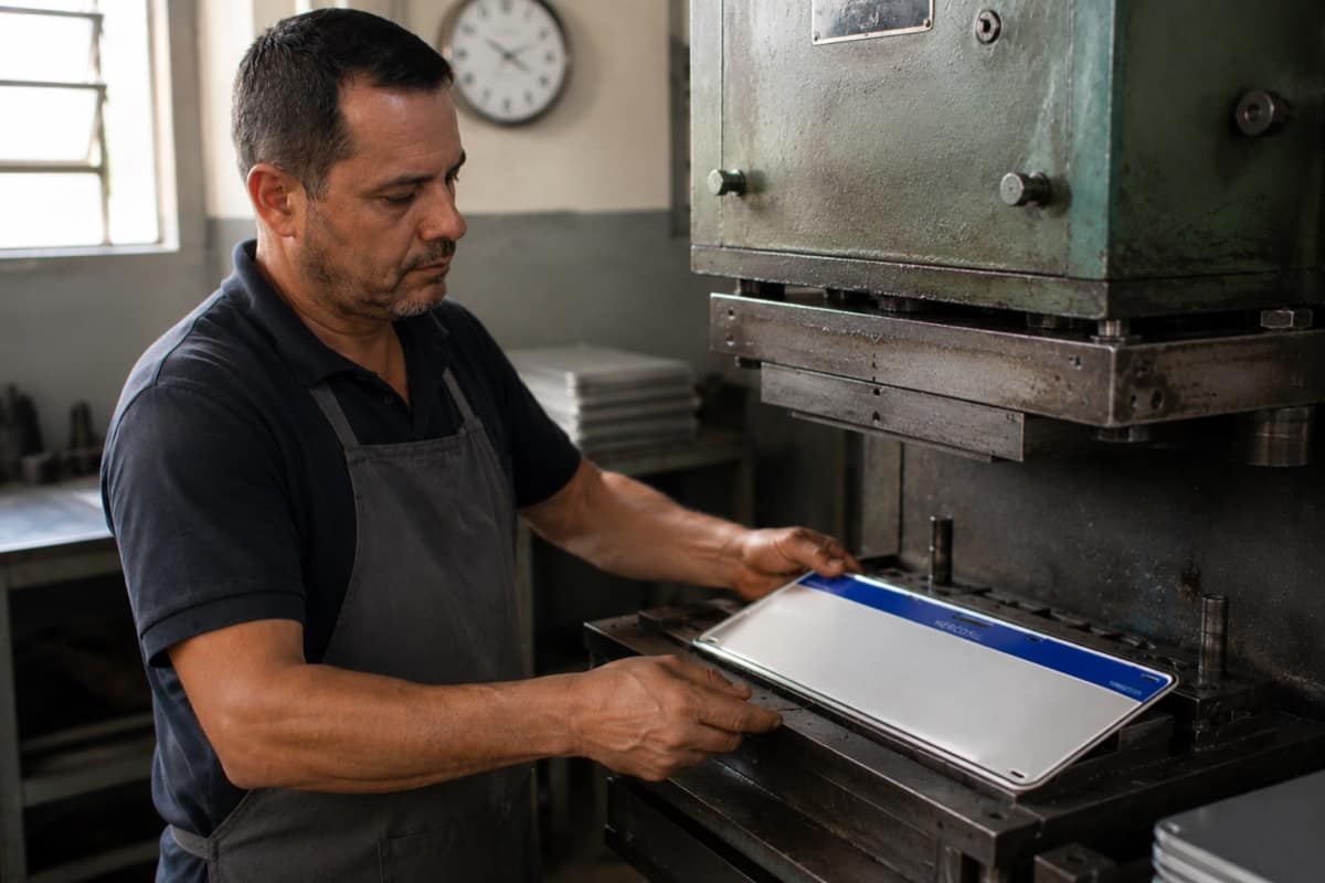 Técnico de avental operando prensa de estampagem de placa automotiva refletiva em oficina, com relógio de parede ao fundo