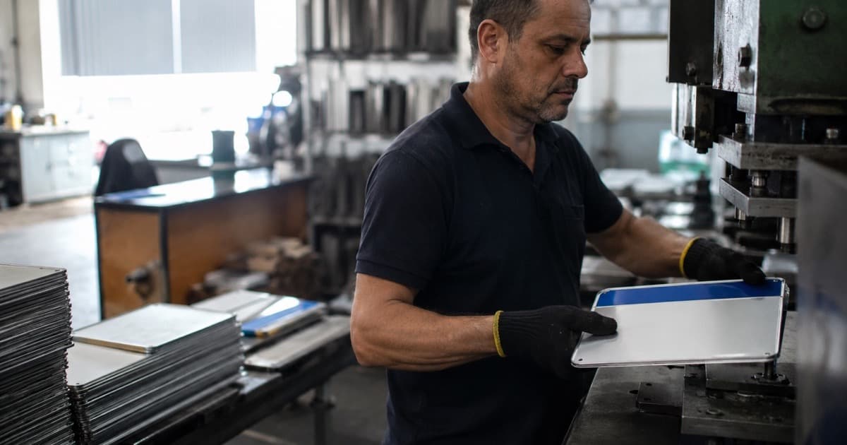 Estampador operando máquina de estampagem de placa Mercosul em alumínio dentro da fábrica própria da Carplac em Joinville, com placa pronta na hora